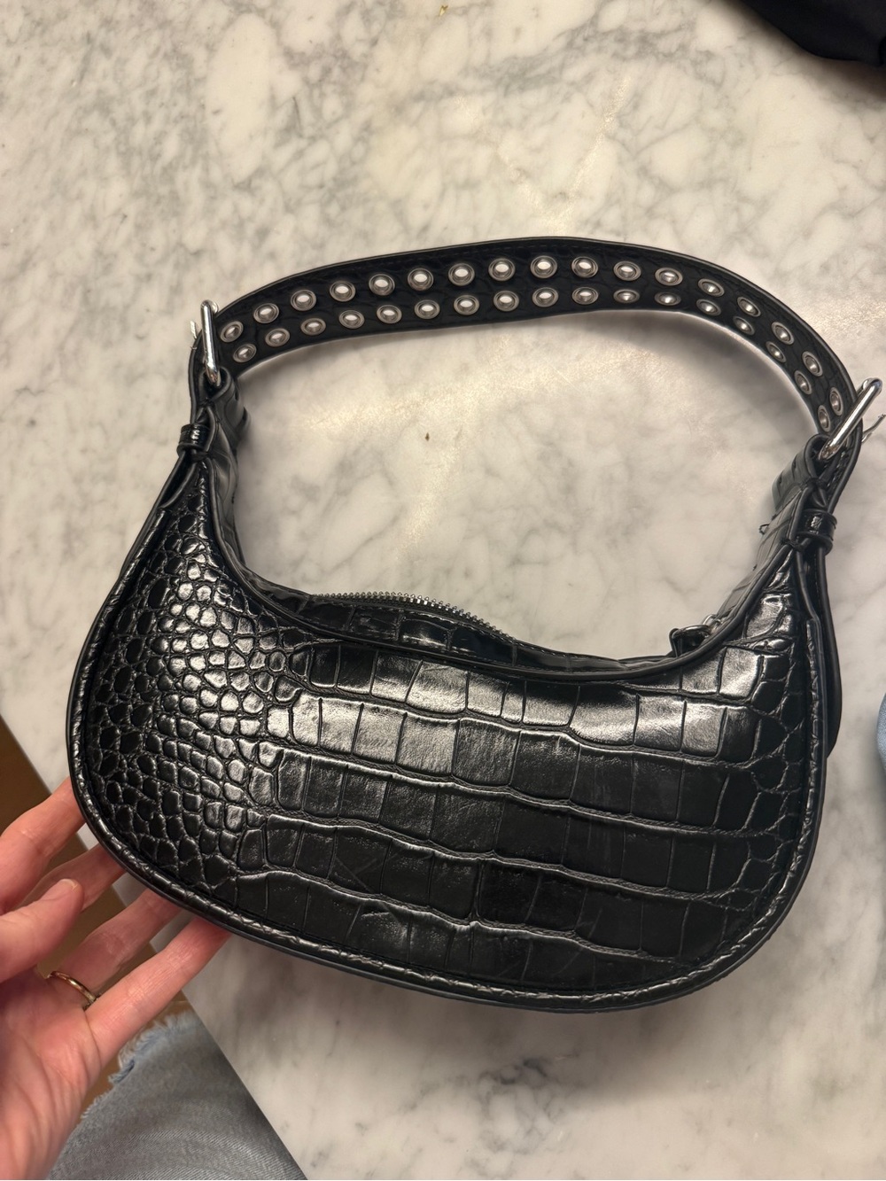 Urban Outfitters Black Croc-Embossed Shoulder Bag with Grommet Strap